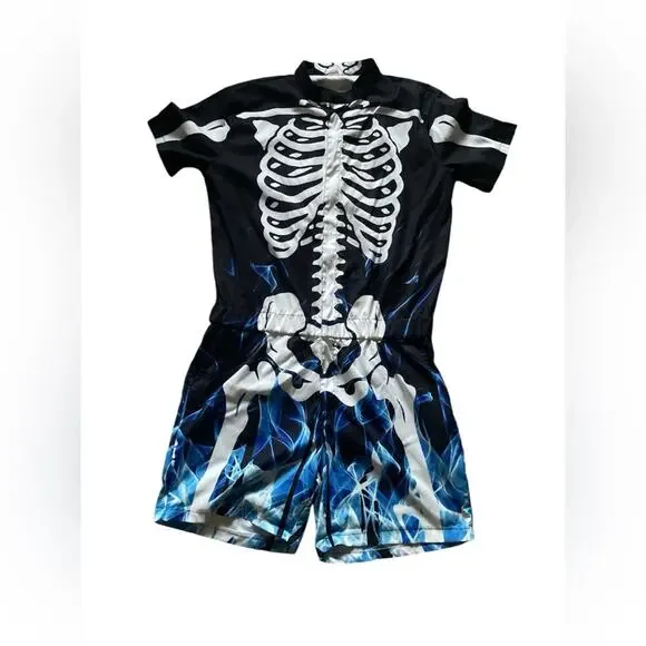 Skeleton Men’s Black and Blue Halloween costume one piece XL Romper day of dead - Picture 1 of 6